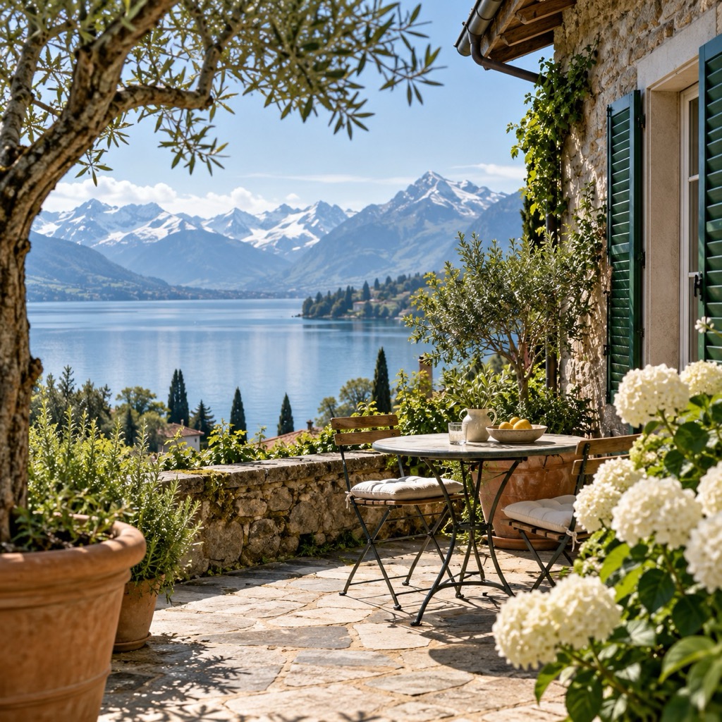 Sonnige Terrasse eines Schweizer Hauses mit Blick auf See und Alpen