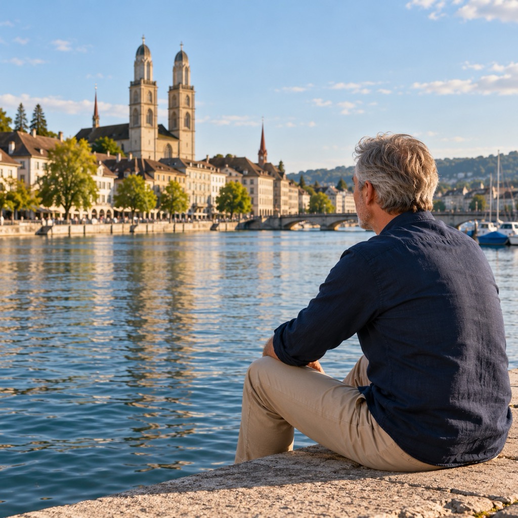 Mann um sechzig sitzt am Seeufer in Zürich und blickt auf die Altstadt
