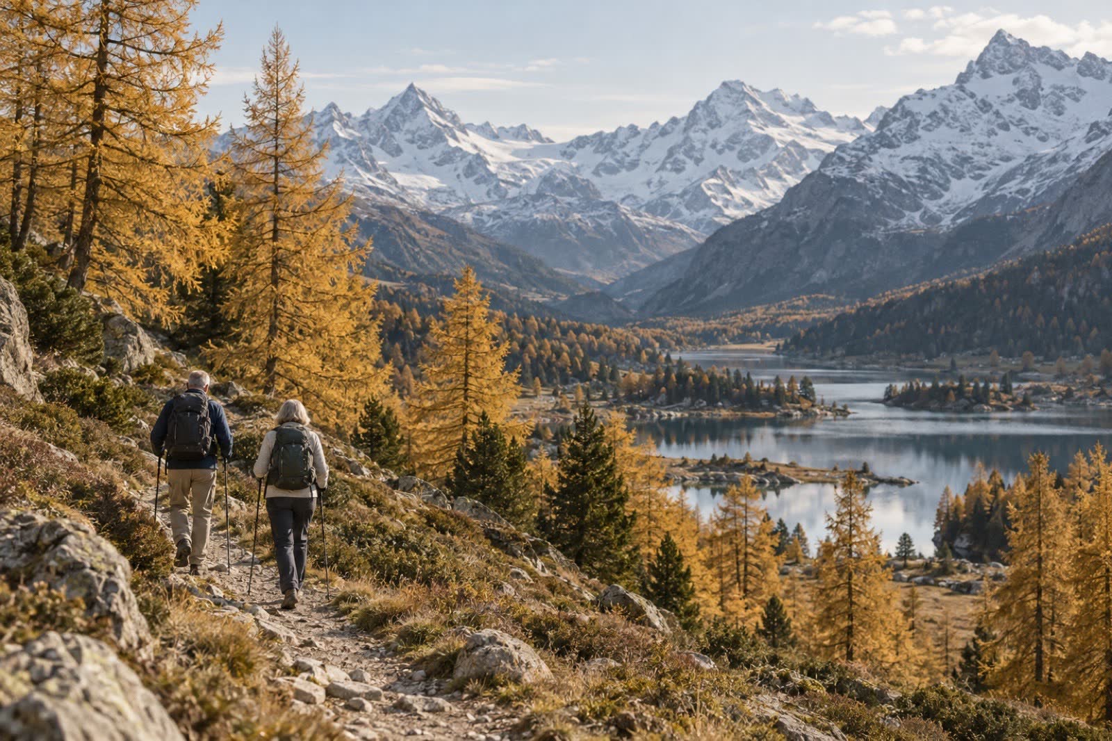 Wanderweg durch goldene Lärchen im Engadin, im Hintergrund verschneite Gipfel